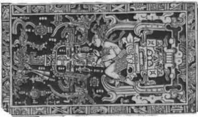 [Einblick in geheime Vorgänge - steinerne Maya-Grabplatte aus Palenque (nach 
Erich v. Däniken Darstellung eines außerirdischen Astronauten)]